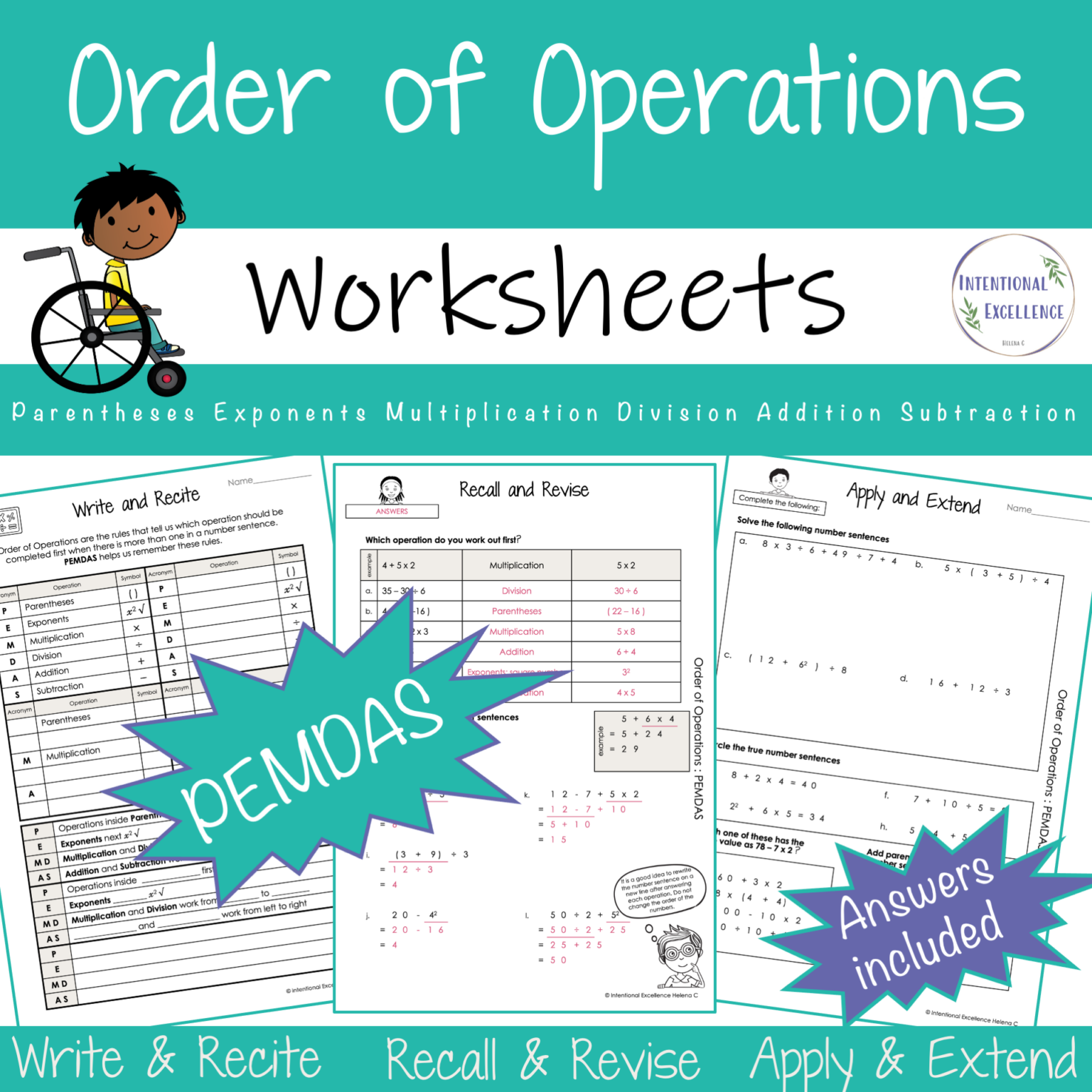PEMDAS Order of Operations WORKSHEETS Year 6 Math Review Homework ...