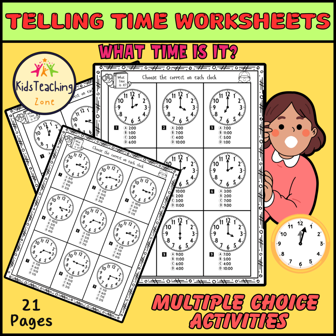 Telling Time Worksheets Multiple Choice Activities for Kids to Learn