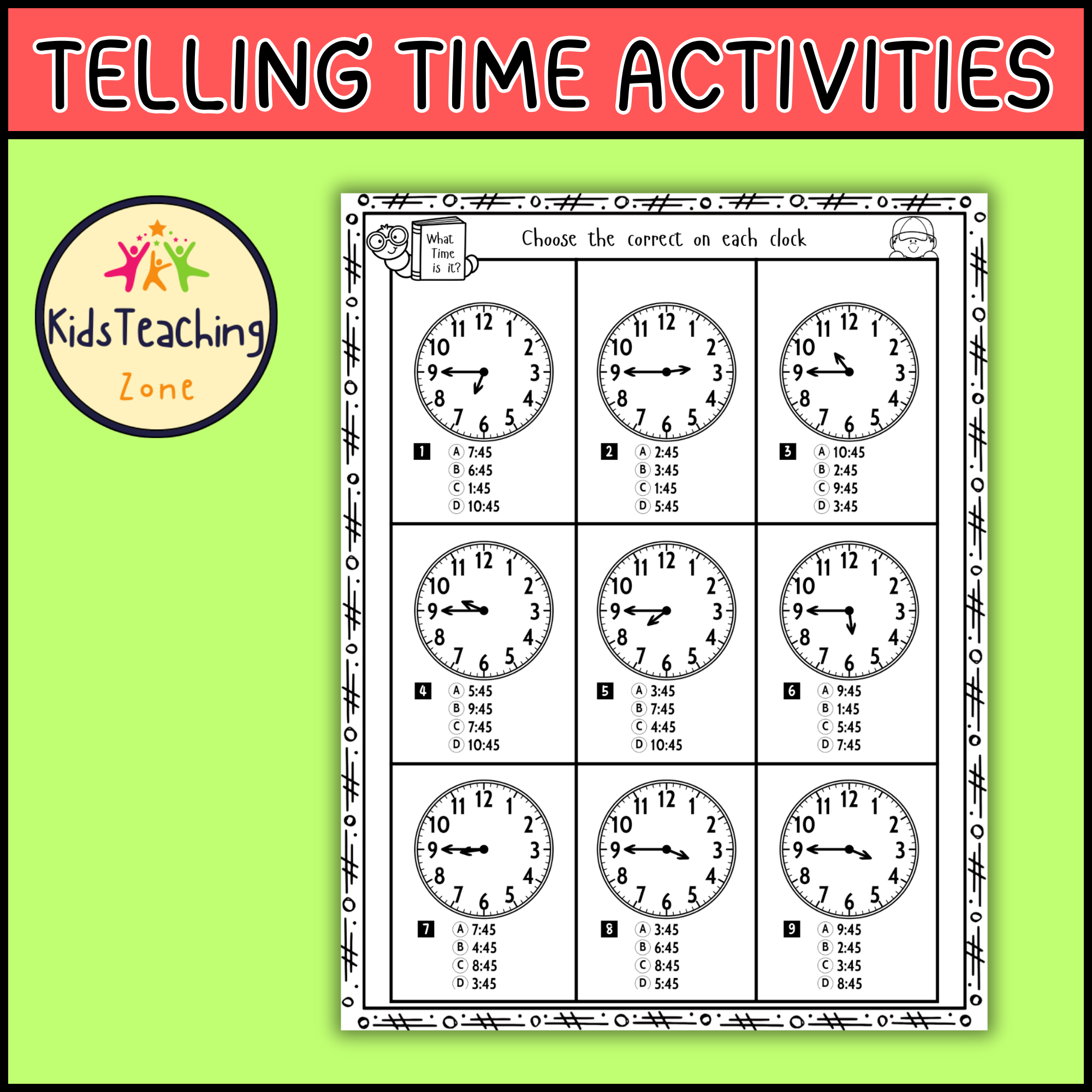 Telling Time Worksheets Multiple Choice Activities for Kids to Learn