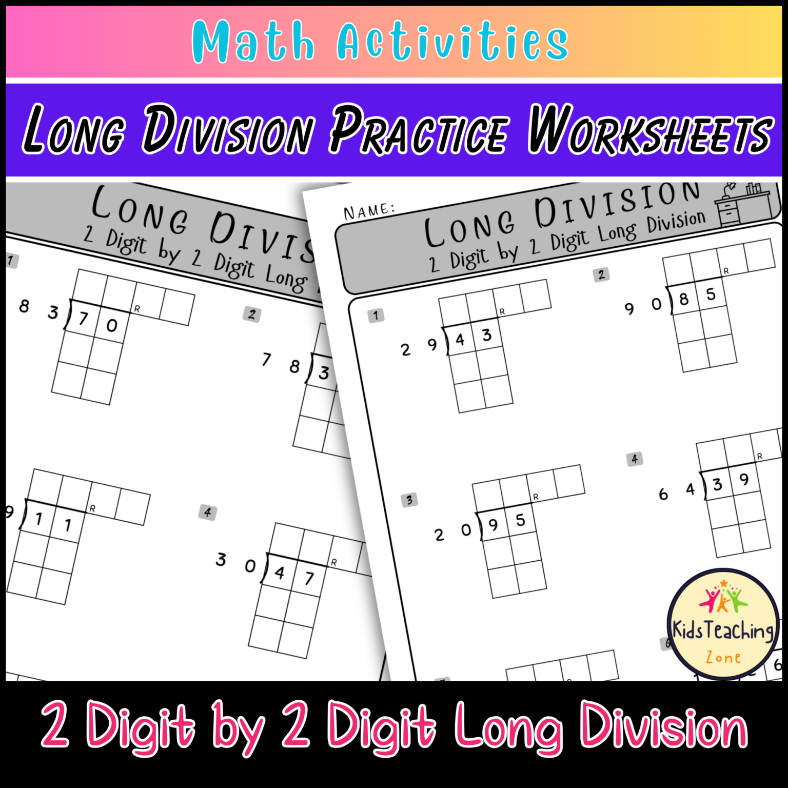 2 Digit by 2 Digit Long Division Worksheets Practice - Teacher ...