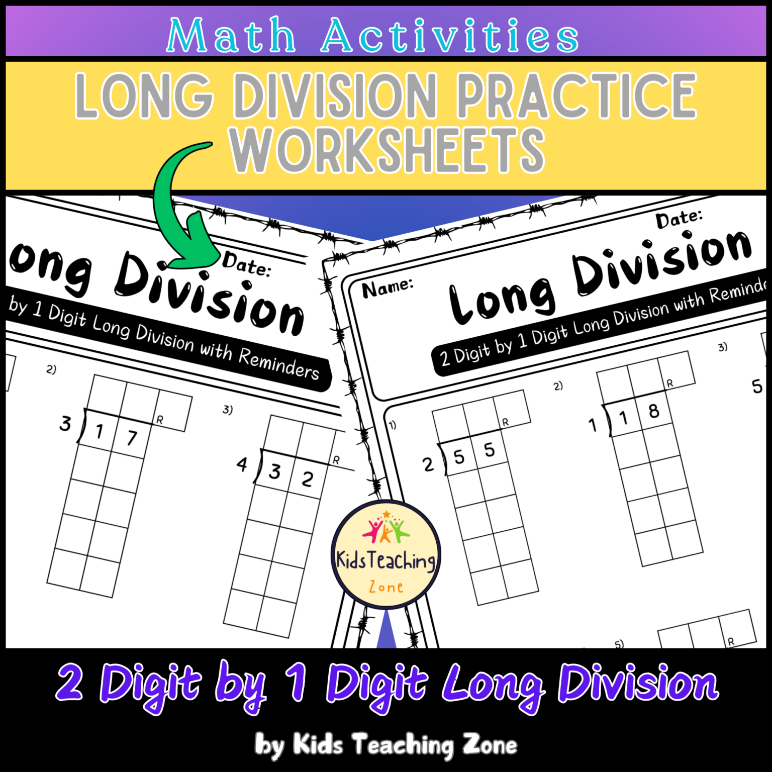 2 Digit by 1 Digit Long Division Practice Worksheets With and Without ...