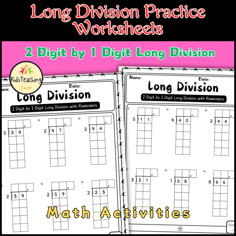 2 Digit by 1 Digit Long Division Practice Worksheets With and Without ...