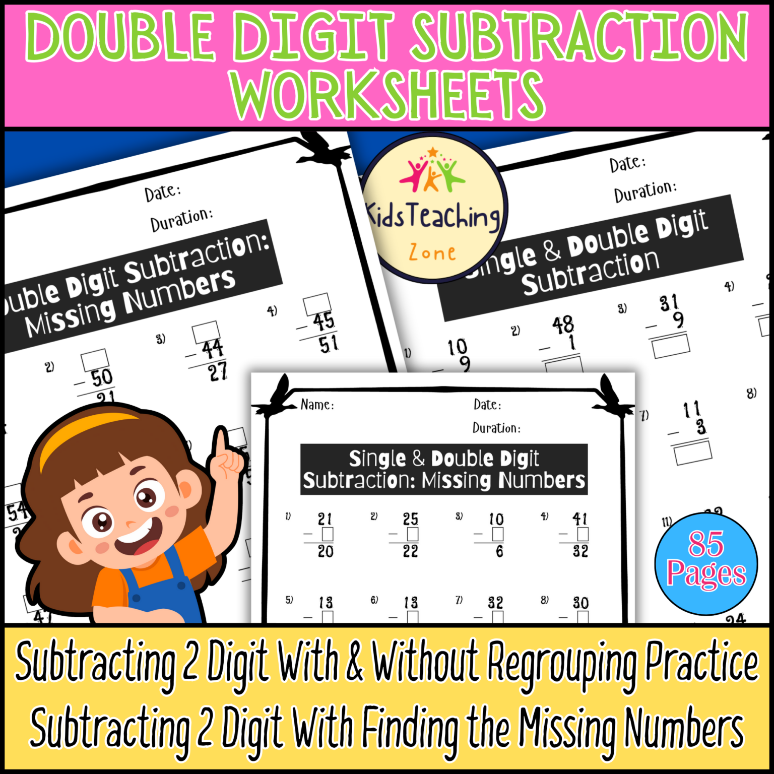 Double Digit Subtraction Math Worksheets With and Without Regrouping ...