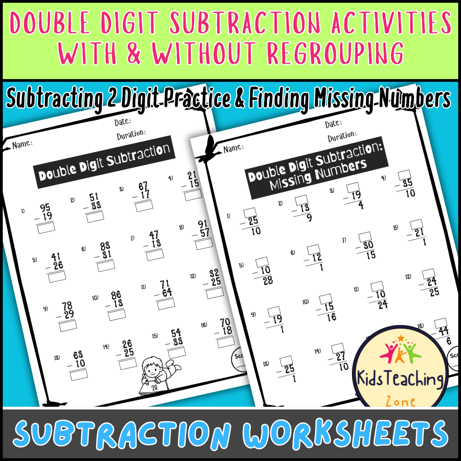 Double Digit Subtraction Math Worksheets With and Without Regrouping ...