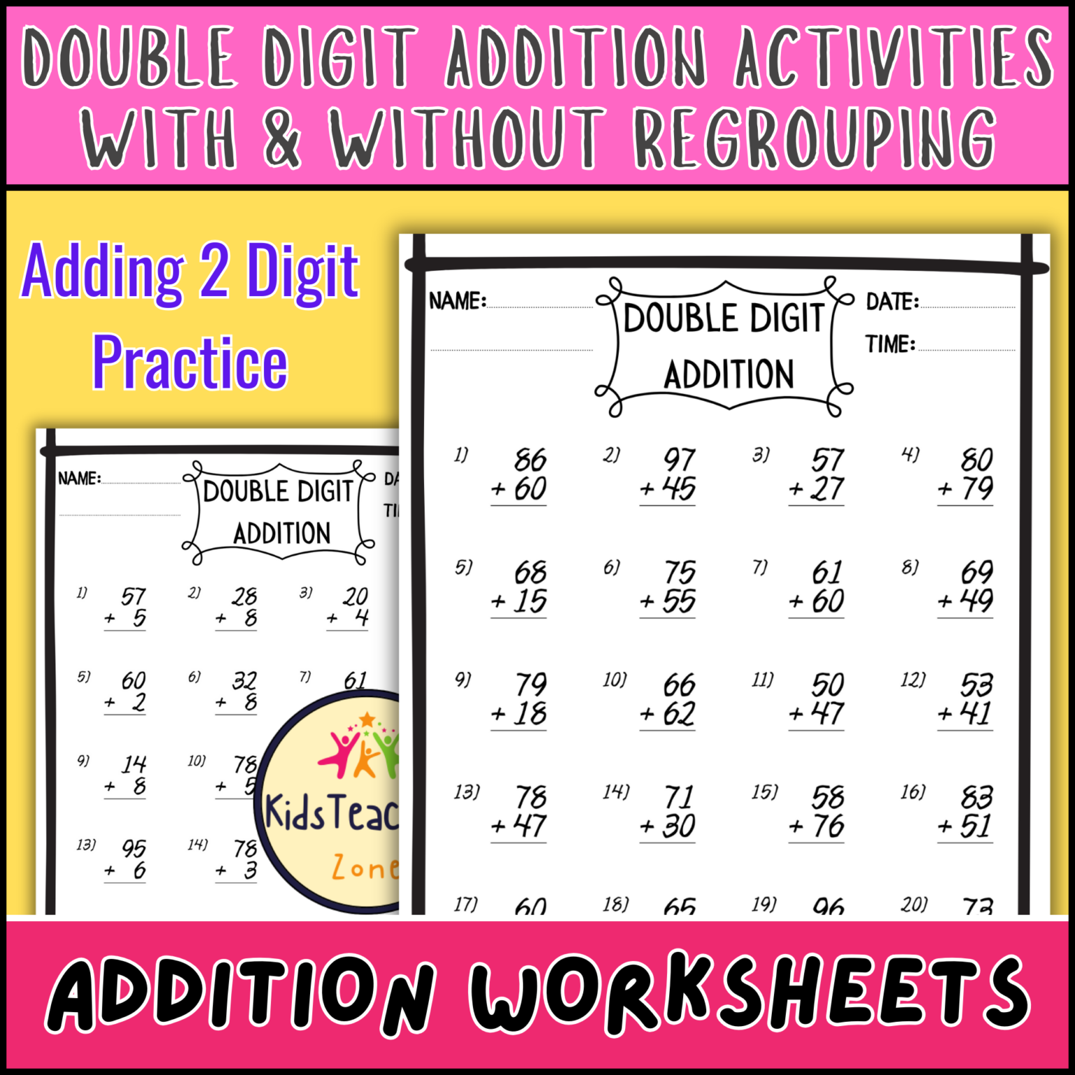 2 Double Digit Addition Worksheets With and Without Regrouping ...