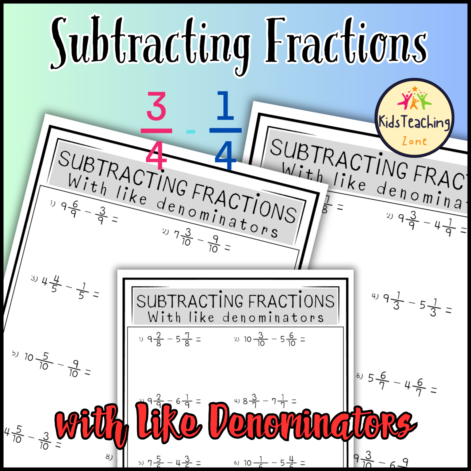 Developmental Math Fractions Subtracting Fractions With Like Denominator Practice Worksheets ...