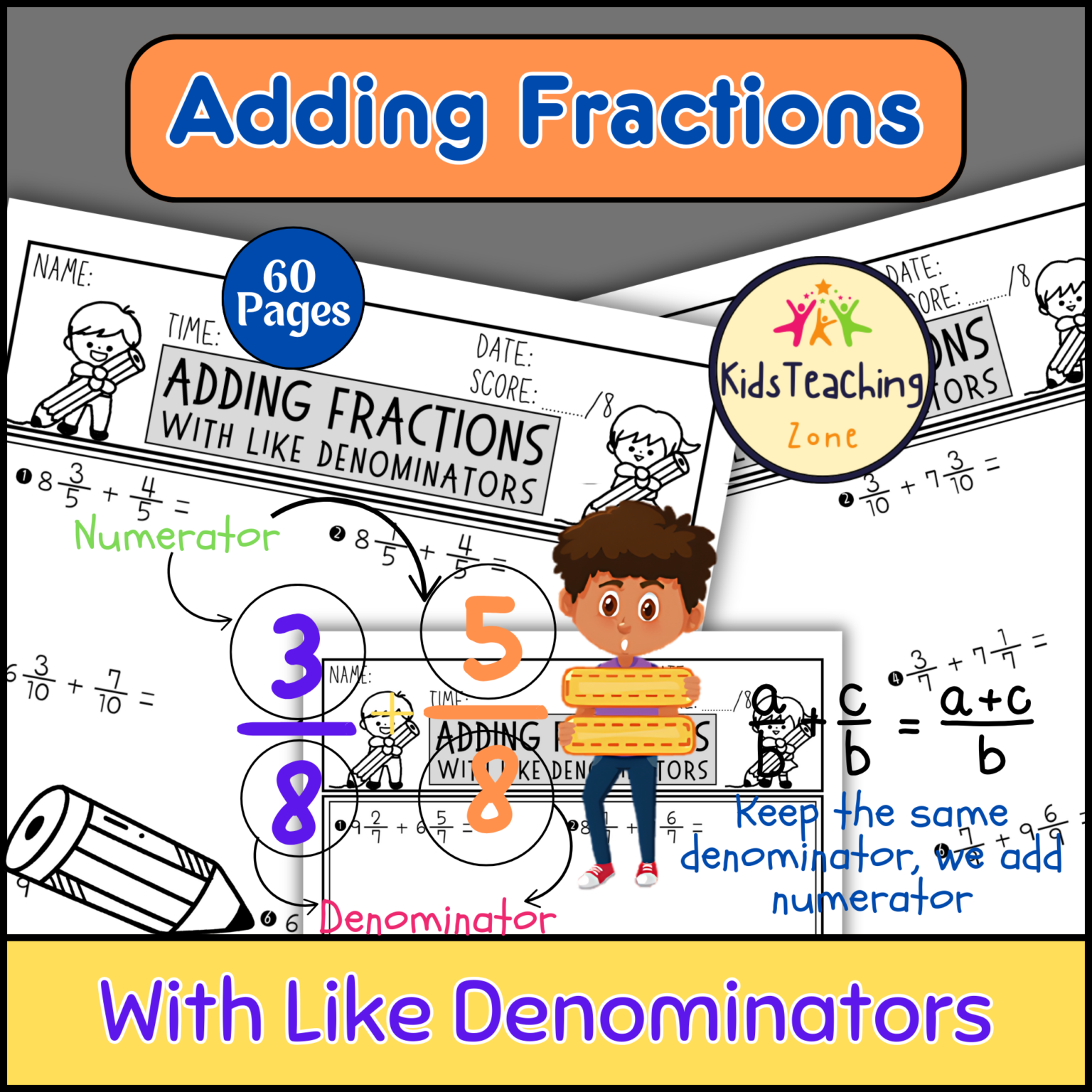 Developmental Math Fractions Adding Fractions With Like Denominator Worksheets Practice - Teacher ...