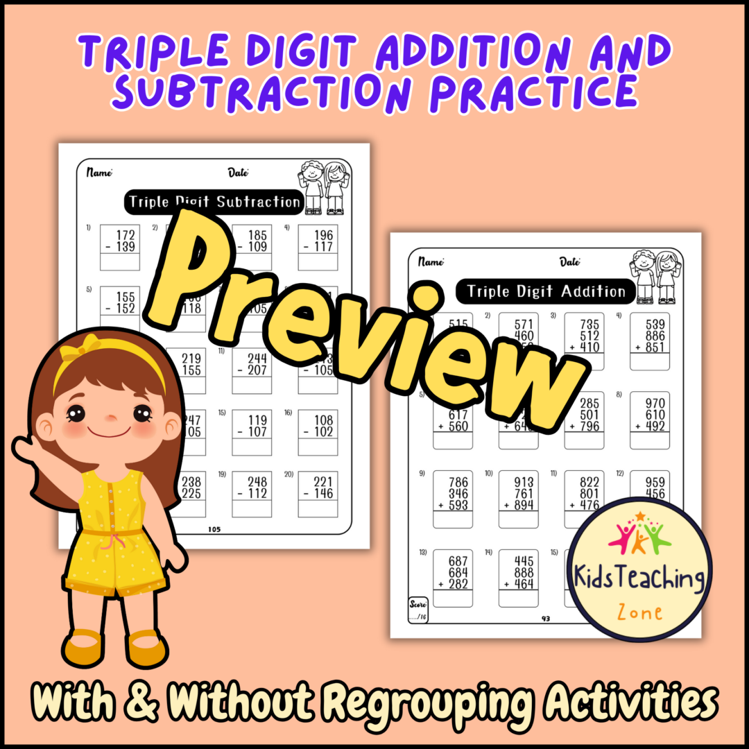 Triple Digit Addition and Subtraction Worksheets With & Without ...