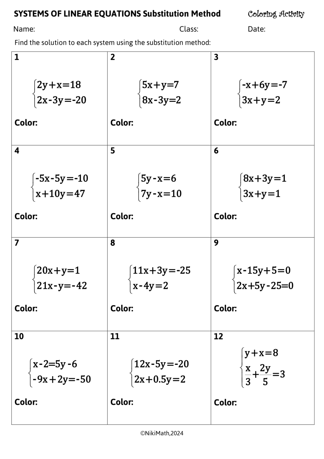 Systems of Linear Equations (Substitution Method) - Color by Code ...