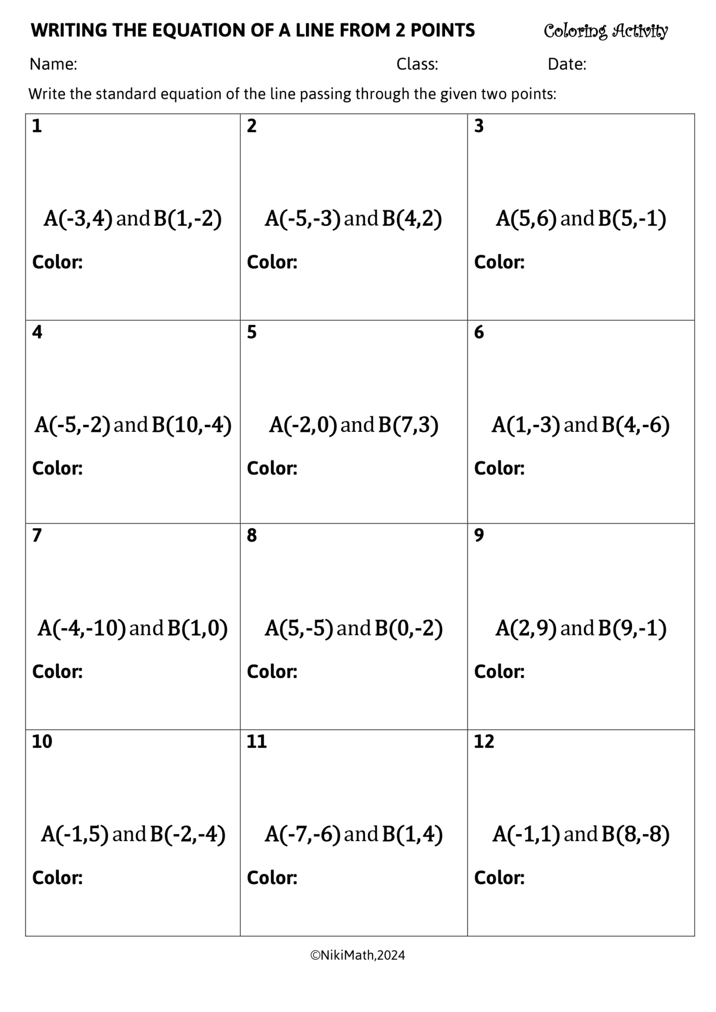 Writing Equations of a Line from 2 Points - Coloring Activity/Color by ...