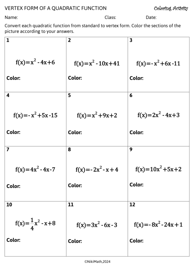 Converting Quadratic Functions to Vertex Form - Coloring Activity ...