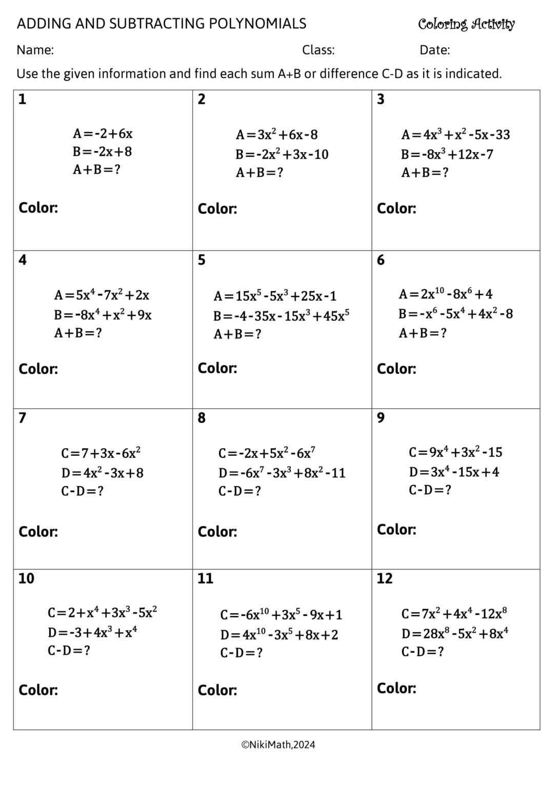 Adding & Subtracting Polynomials - Coloring Activity/Color by Code ...