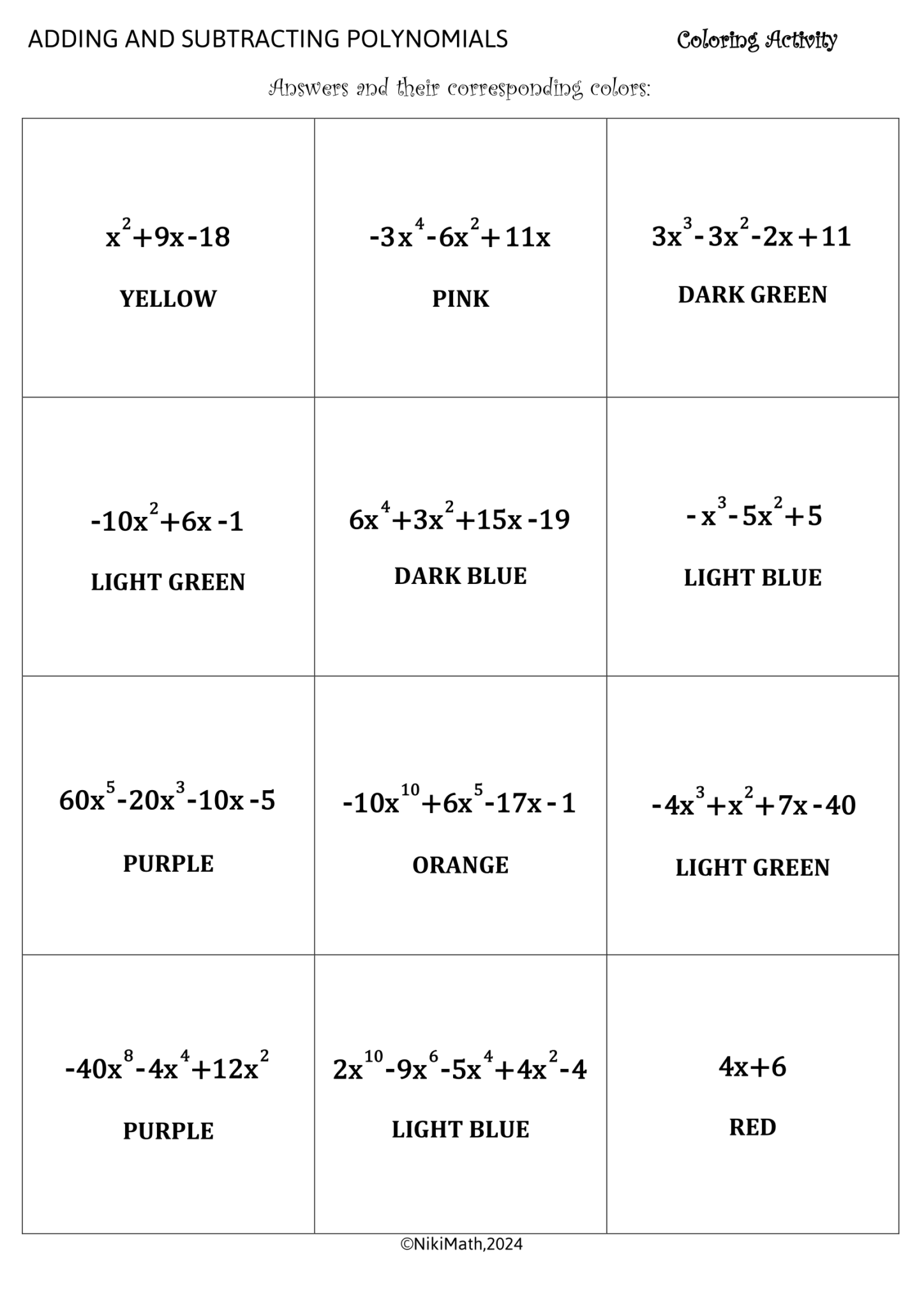 Adding & Subtracting Polynomials - Coloring Activity/Color by Code ...