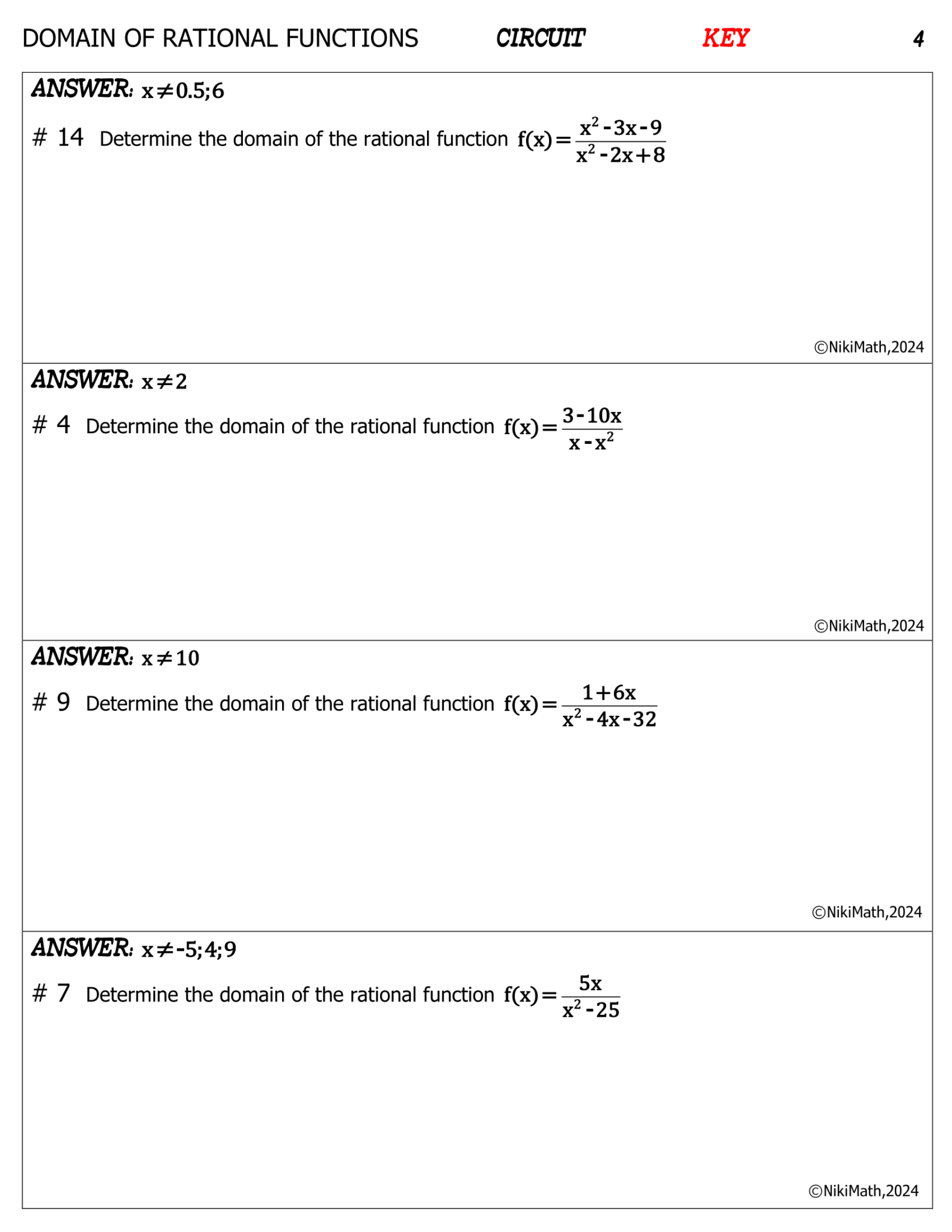 Domain of a Rational Function - Circuit (15 problems) - Teacher ...