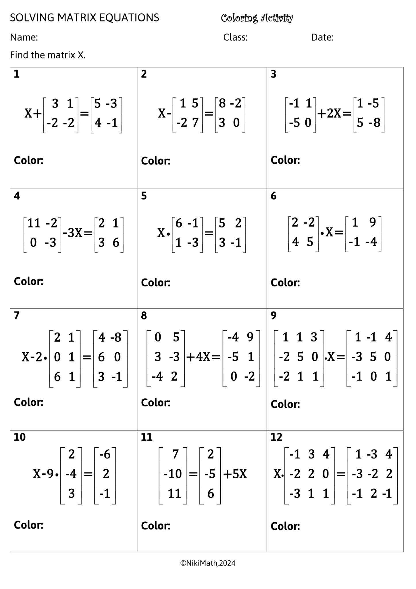 Matrix Color Page Matrix Equations - Coloring Activity/Color by Code - Teacher ...