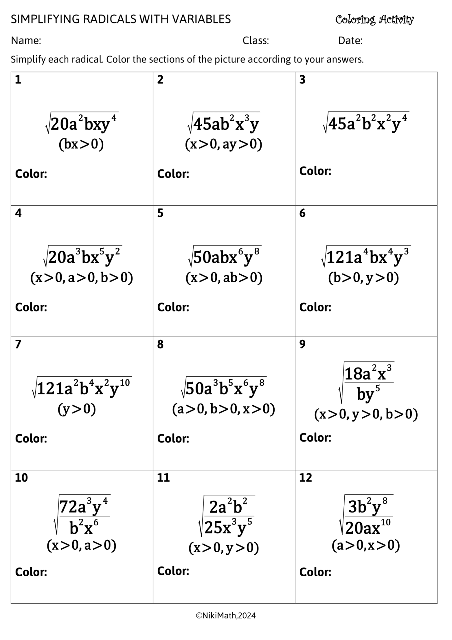 Simplifying Radicals/Square Roots with Variables - Color by Code ...