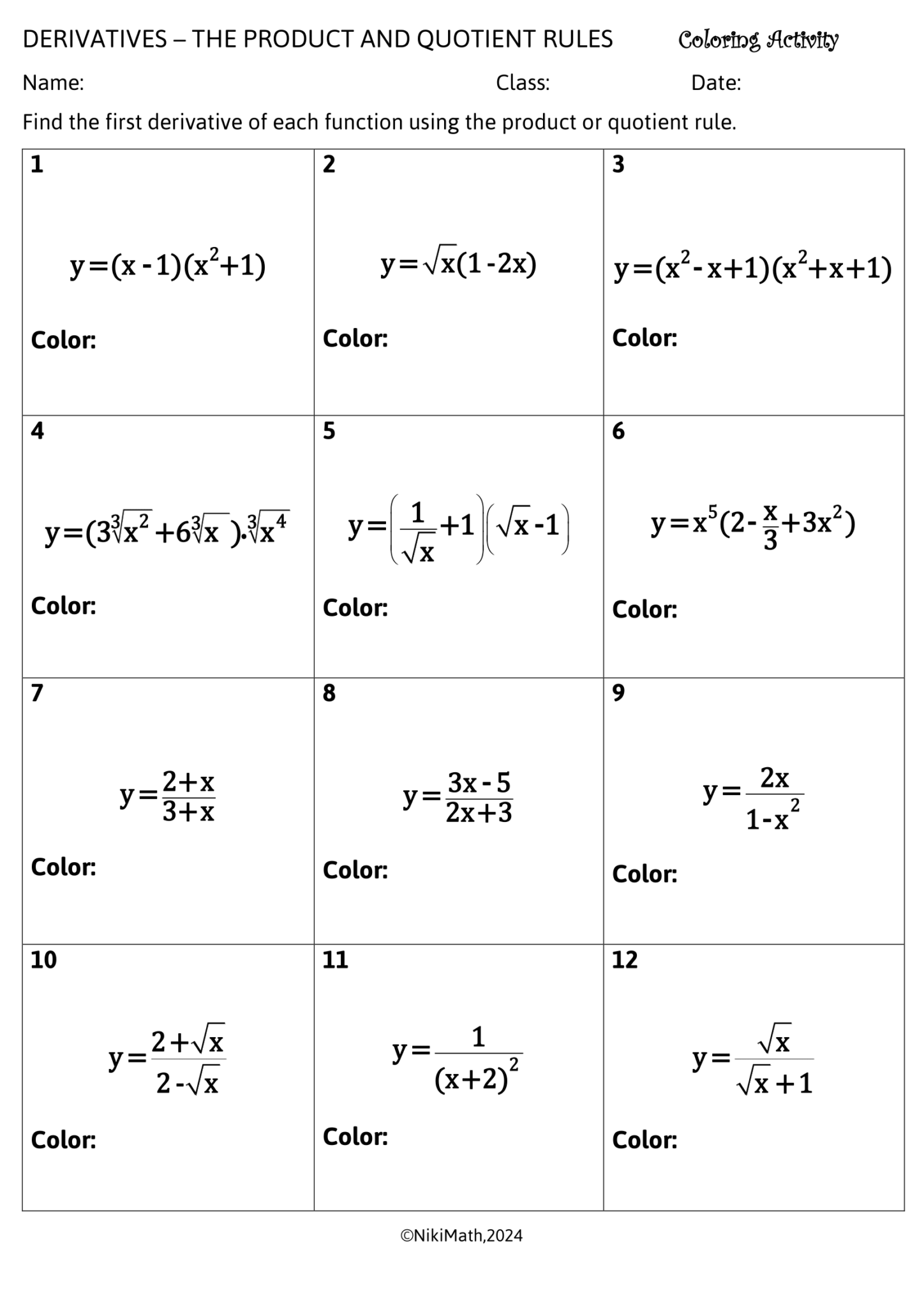 Derivatives - The Product and Quotient Rules - Color by Code - Teacher ...