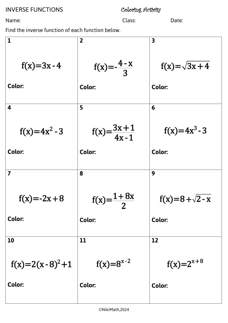 Inverse Functions - Color by Code/Coloring Activity - Teacher ...