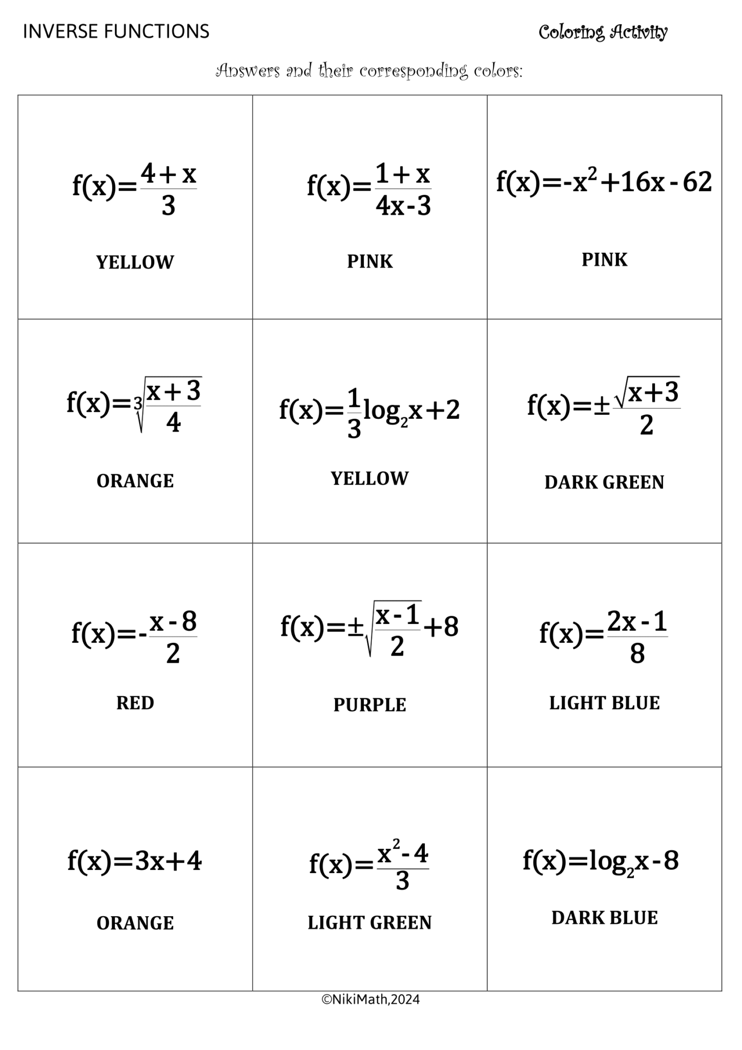 Inverse Functions - Color by Code/Coloring Activity - Teacher ...