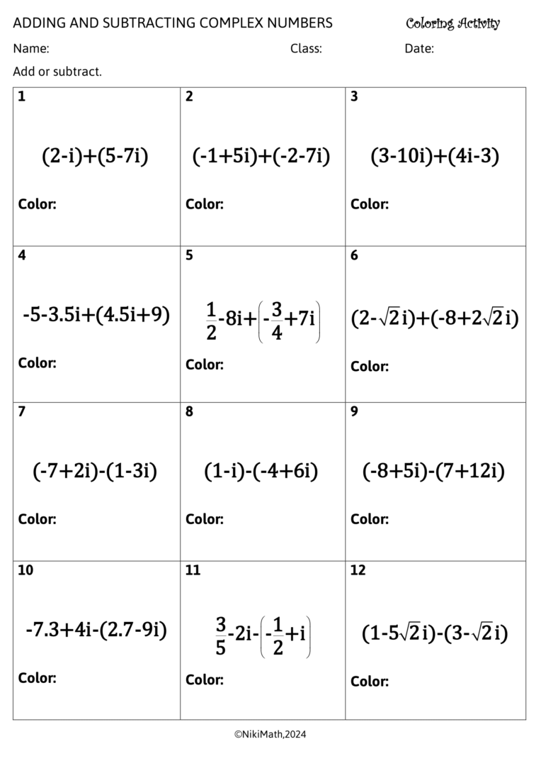 Add & Subtract Complex Numbers - Coloring Activity/Color by Code ...
