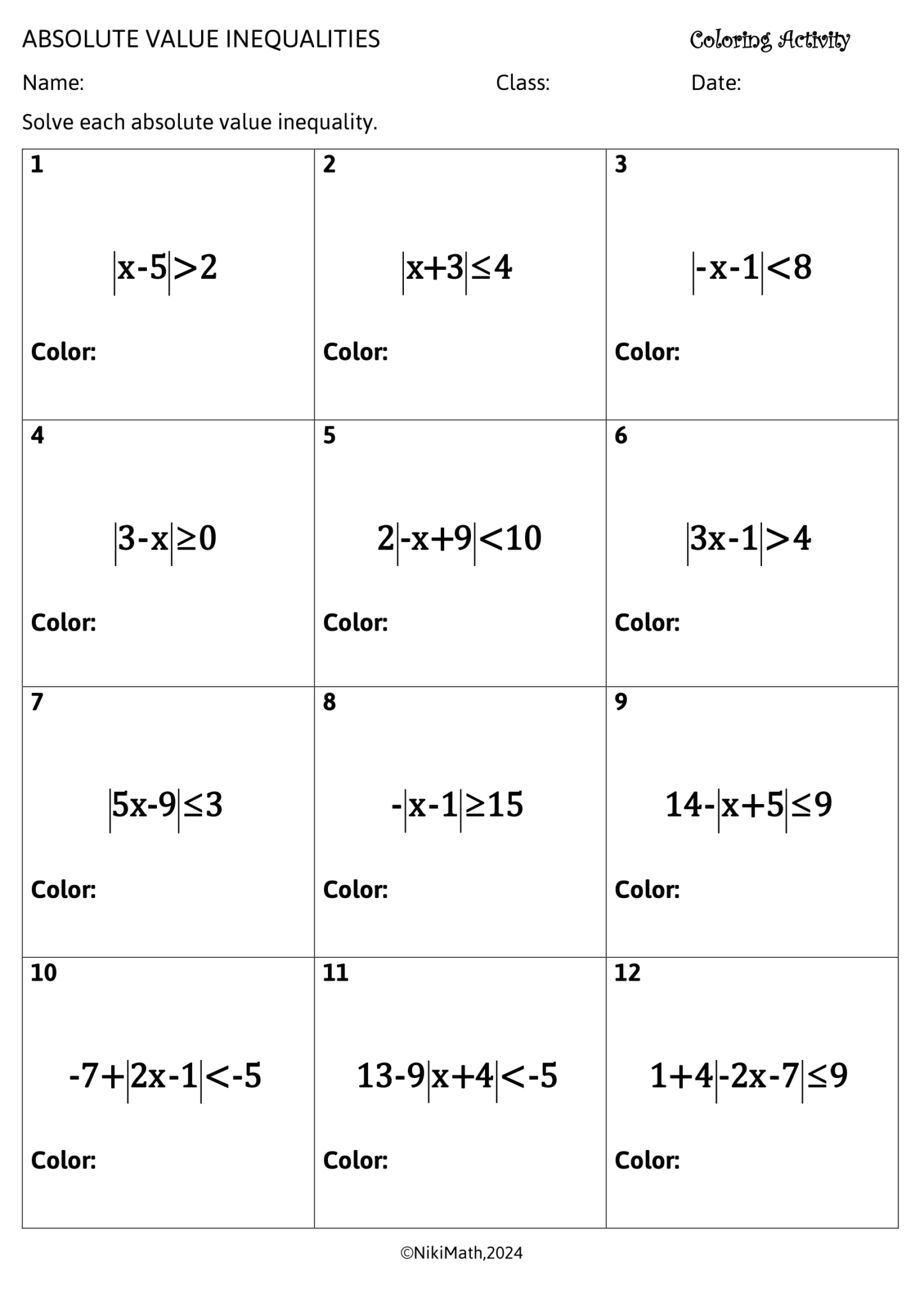 Absolute Value Inequalities - Color by Code - Teacher Professional ...