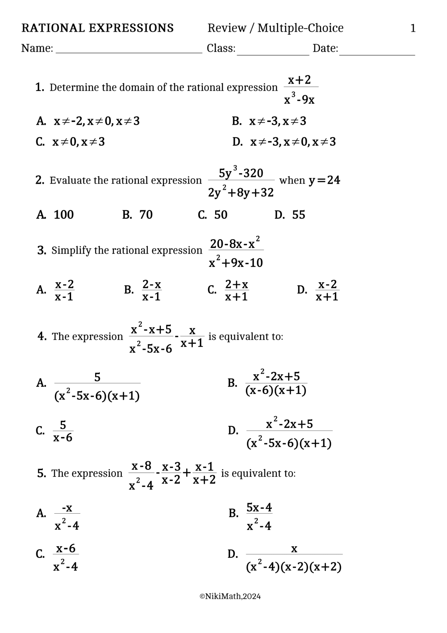 Rational Expressions Review - 16 Multiple Choice Questions - Teacher ...