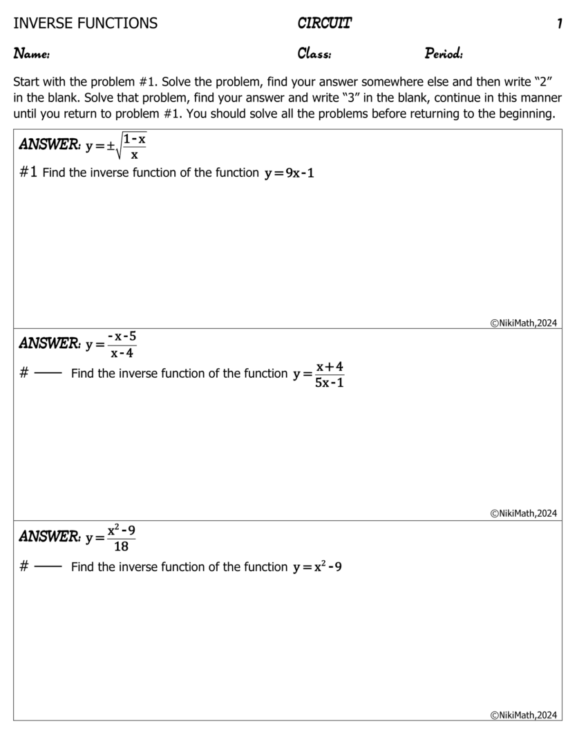 Inverse Functions - Circuit (11 problems) - Teacher Professional ...