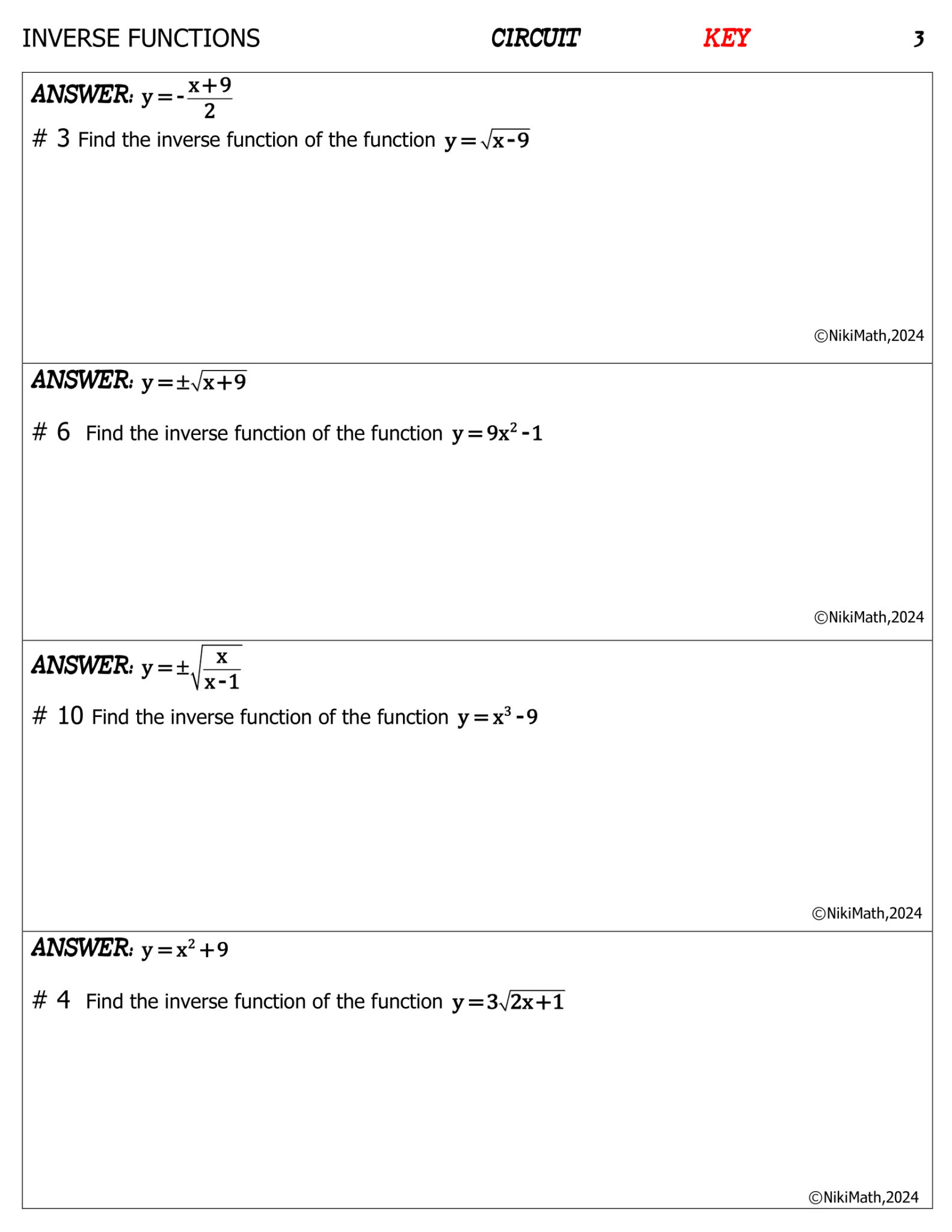 Inverse Functions - Circuit (11 problems) - Teacher Professional ...
