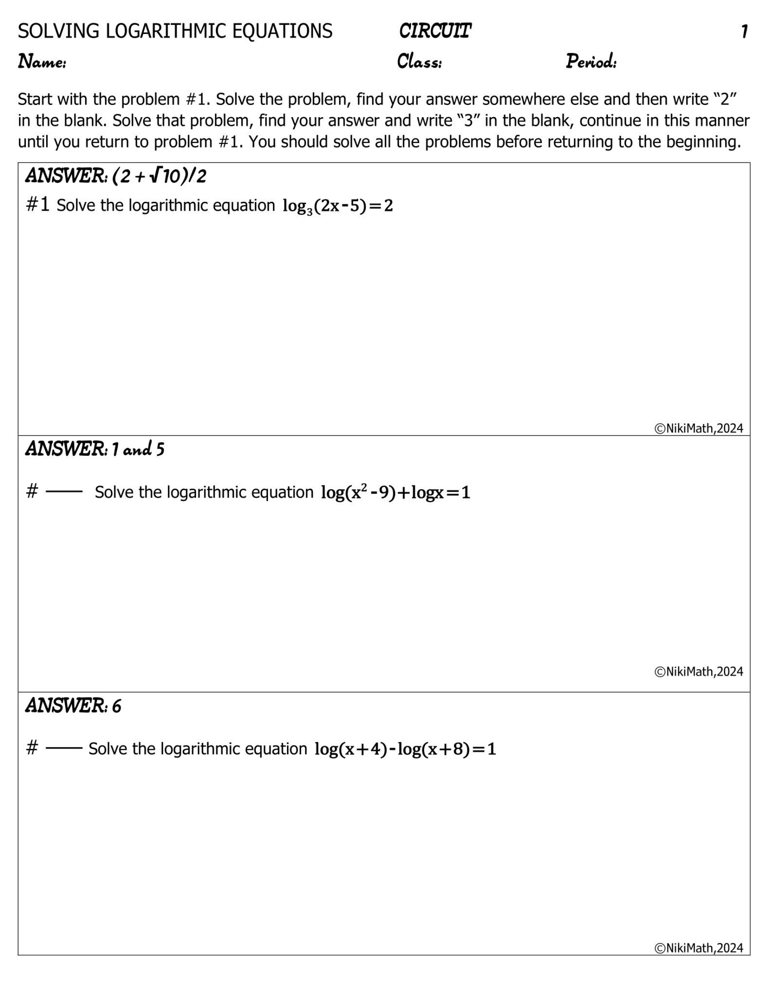 Logarithmic Equations - Circuit (11 problems) - Teacher Professional ...