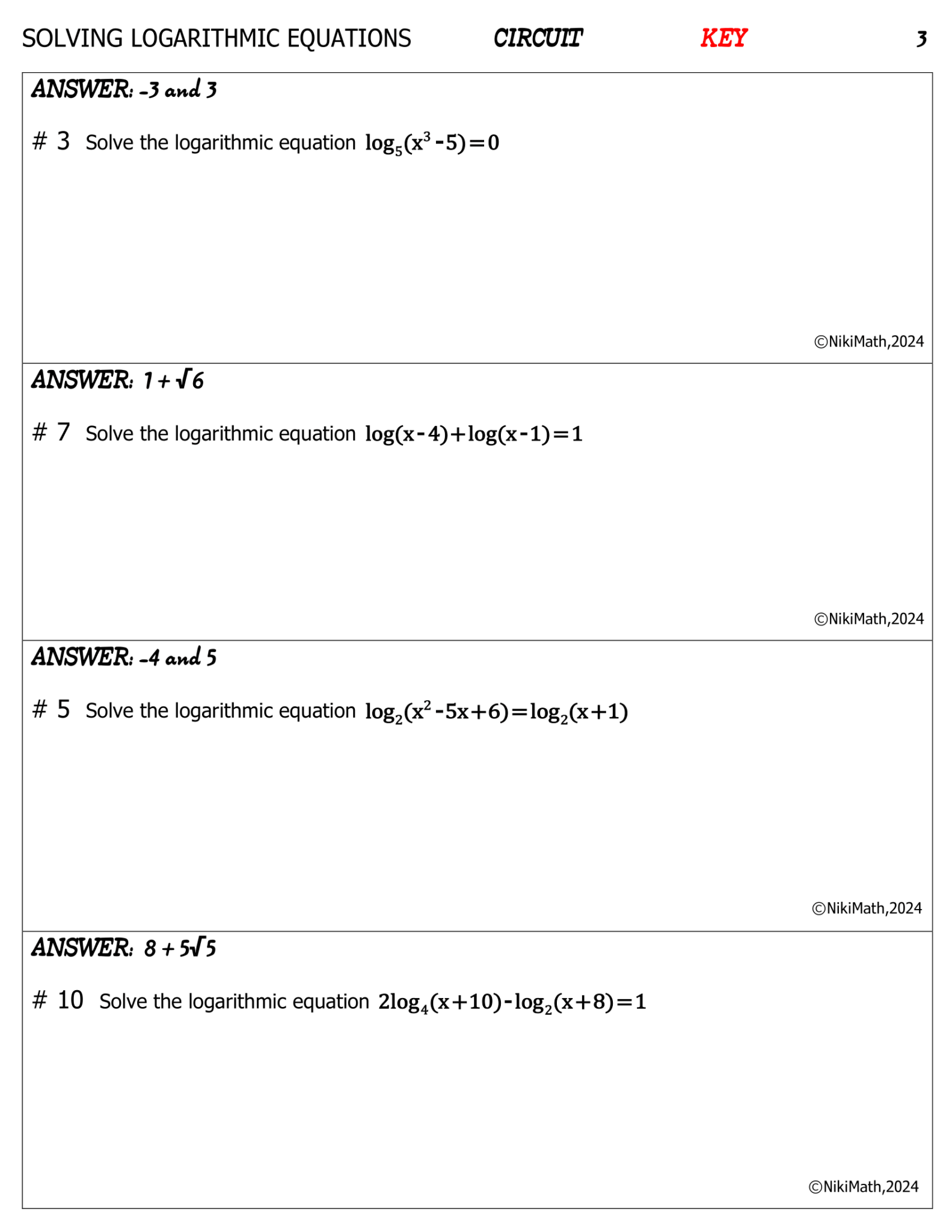 Logarithmic Equations - Circuit (11 problems) - Teacher Professional ...