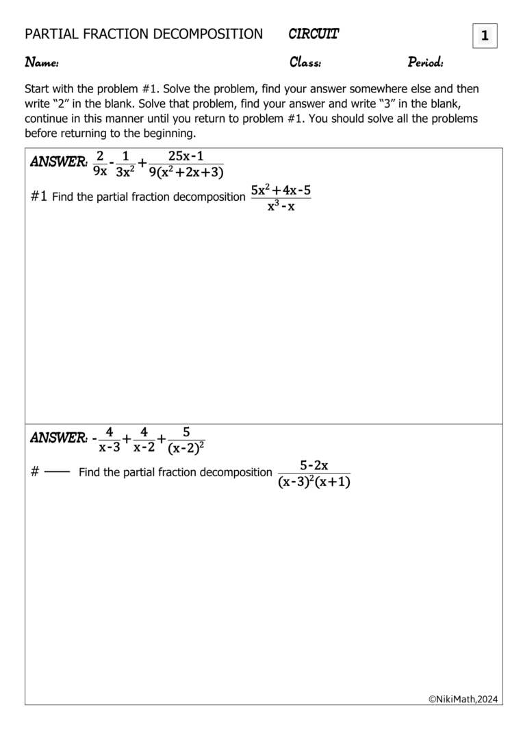 Partial Fraction Decomposition - Circuit (14 Problems) - Teacher ...
