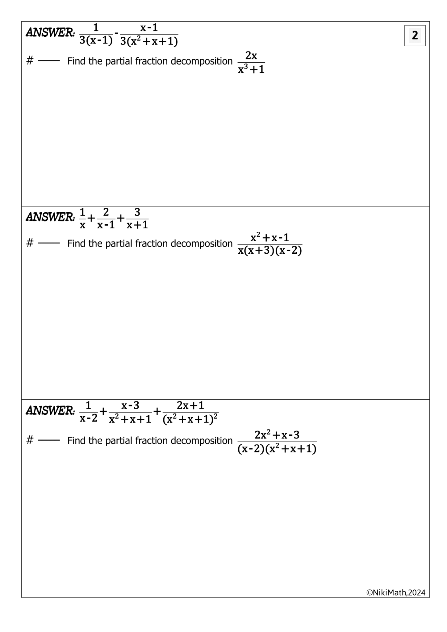 Partial Fraction Decomposition - Circuit (14 Problems) - Teacher ...