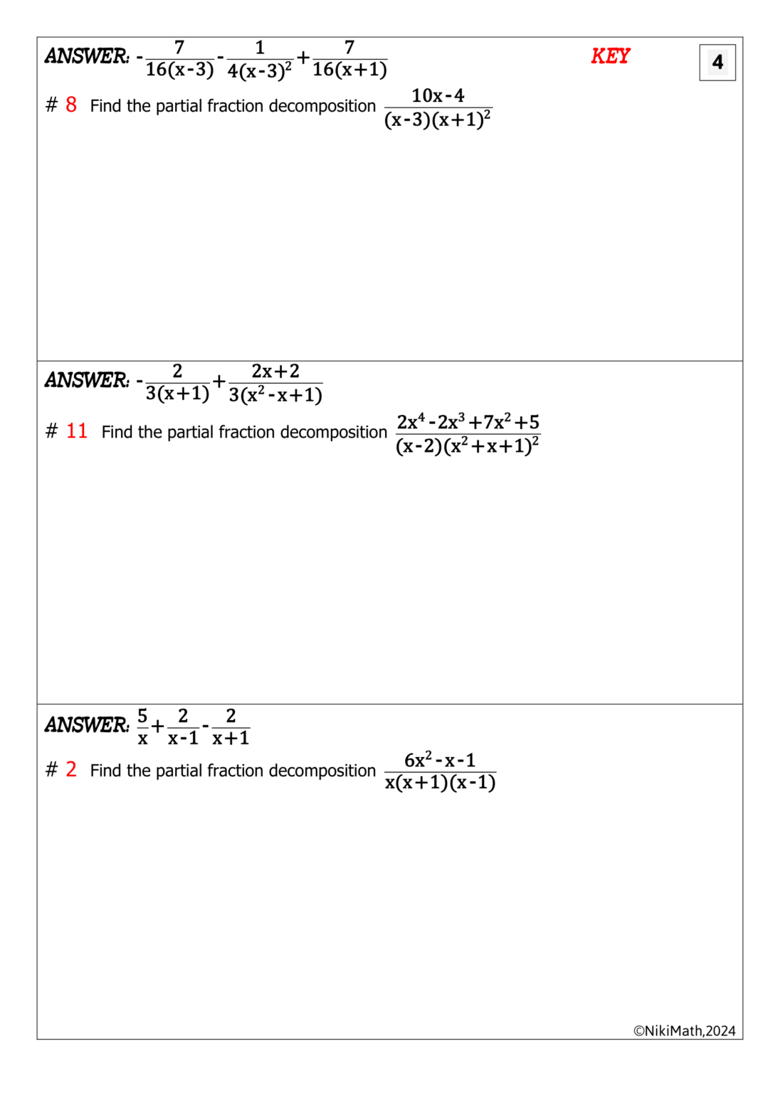 Partial Fraction Decomposition - Circuit (14 Problems) - Teacher ...
