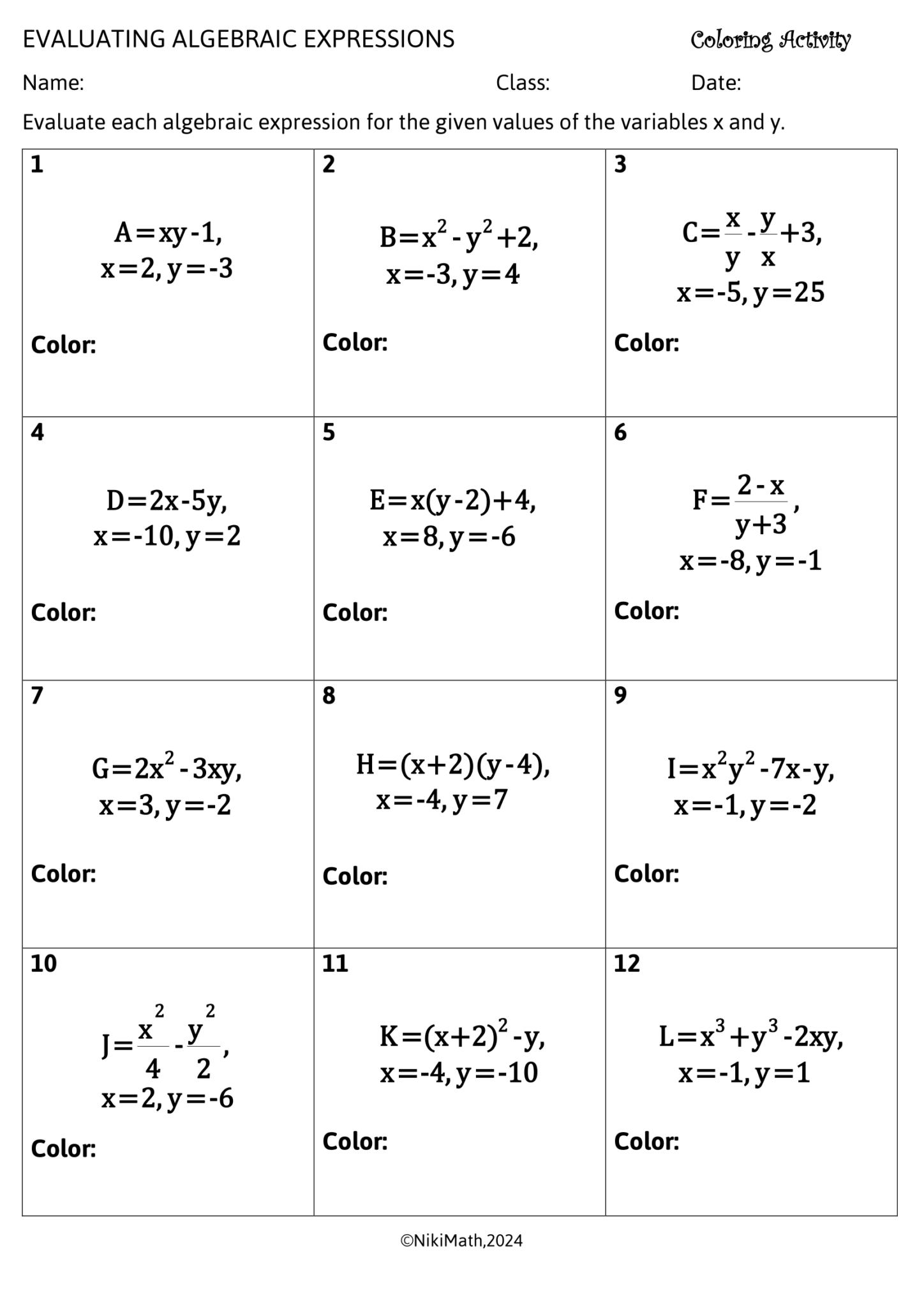 Evaluating Algebraic Expressions - Challenging Color by Code - Teacher ...
