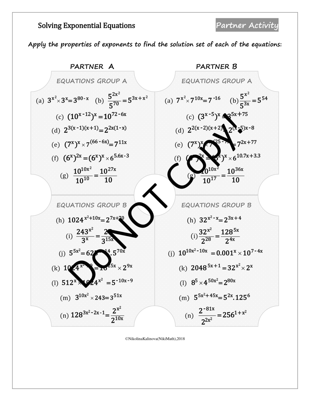 Solving Exponential Equations Levels 1&2 Partner Activity "Make ...