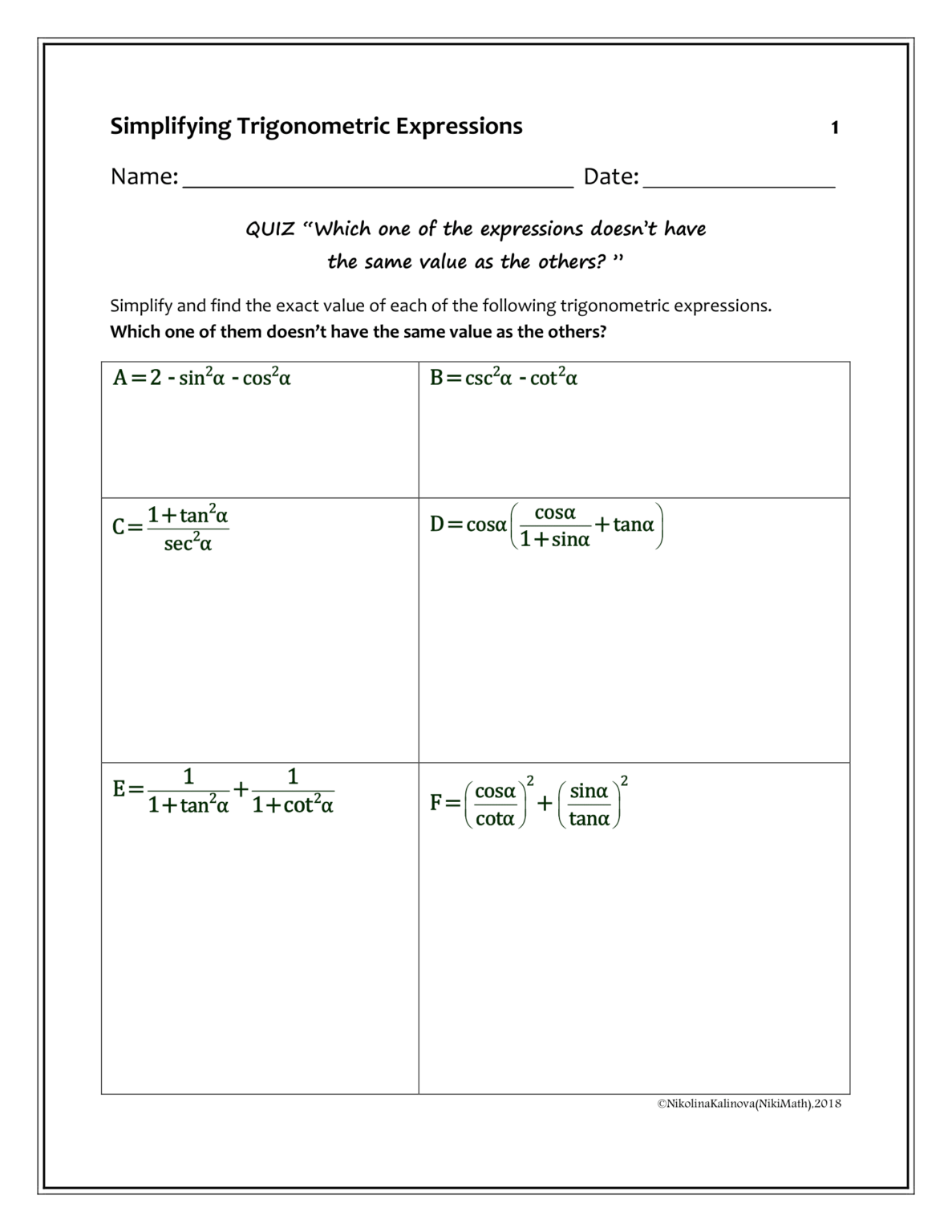 Trigonometric Expression Examples Trigonometric Identities - Simplifying Trig Expressions - Group ...