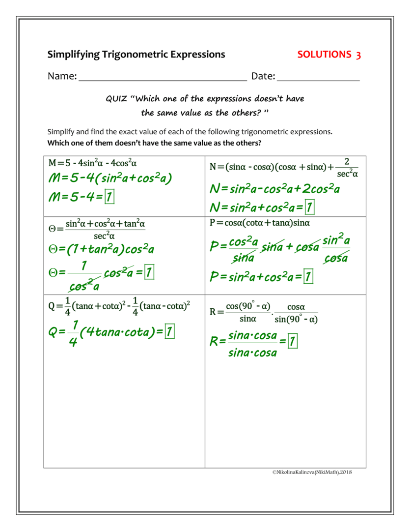 Trigonometric Identities - Simplifying Trig Expressions - Group ...