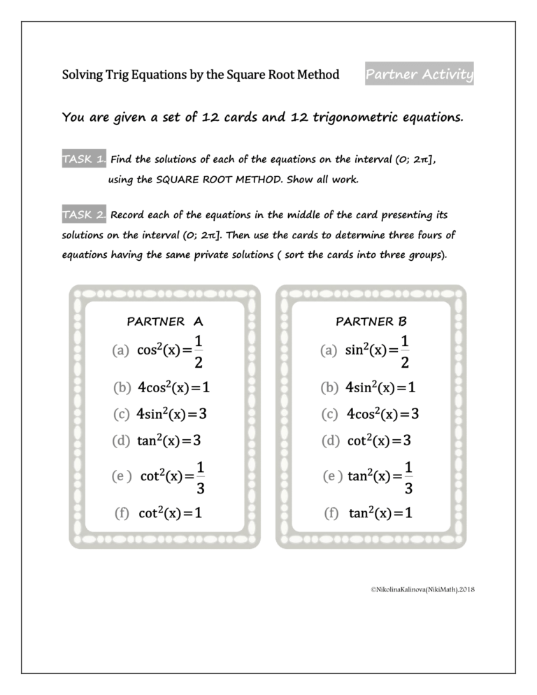 Solving Trig Equations by the Square Root Method - Partner Match & Sort ...