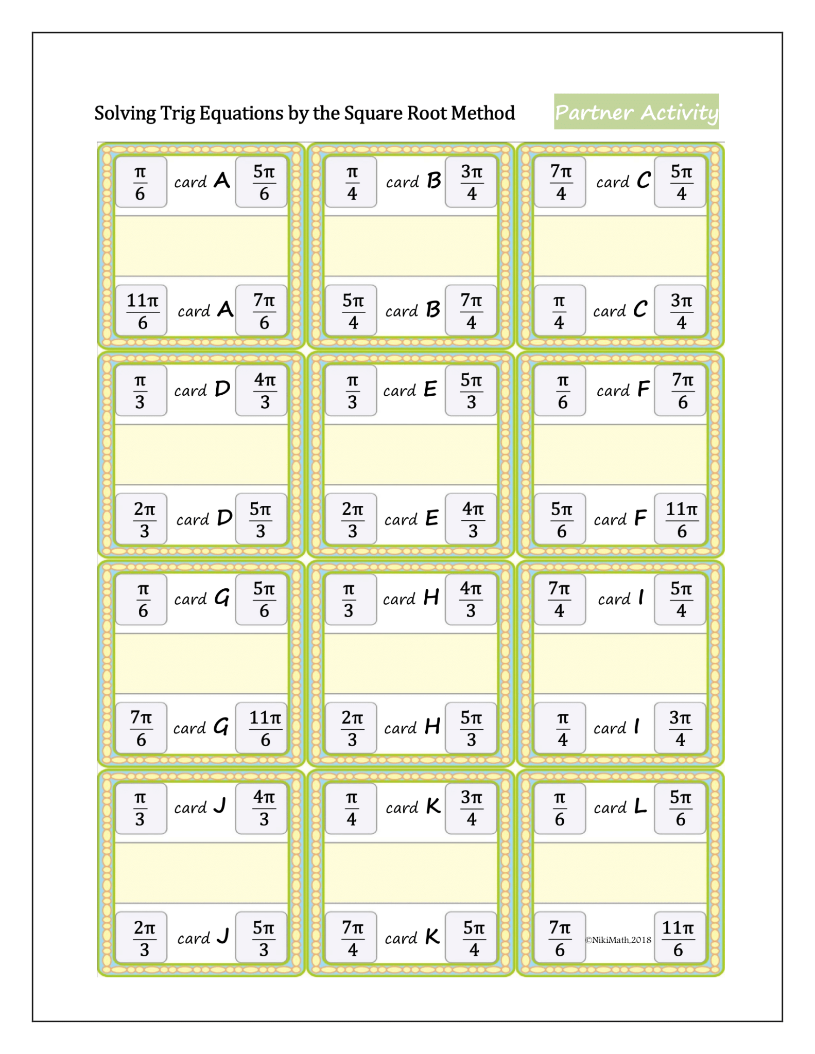 Solving Trig Equations by the Square Root Method - Partner Match & Sort ...