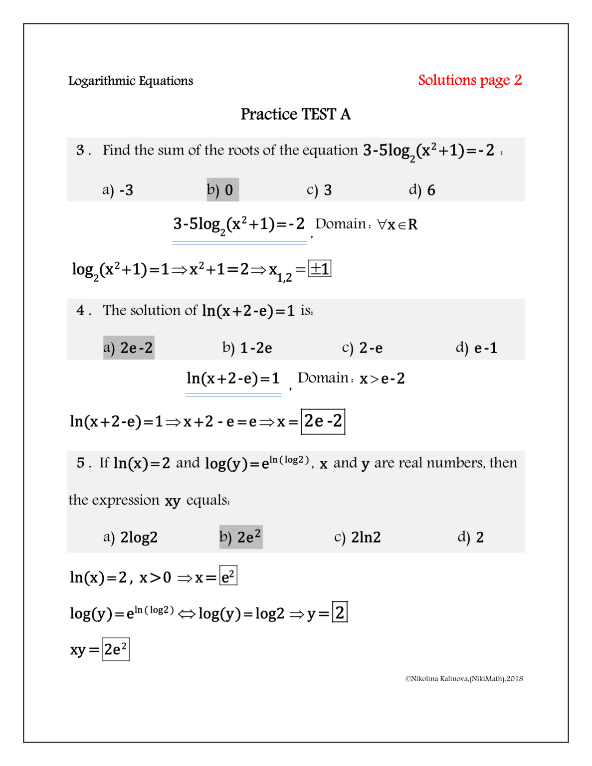 Logarithmic Equations - 2 Multiple-Choice & HW (28 problems, typed ...