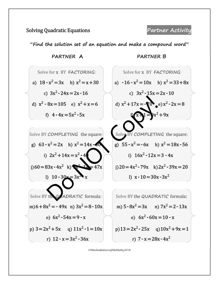 Solving Quadratics by ALL METHODS - "Make compound words"(Partner ...
