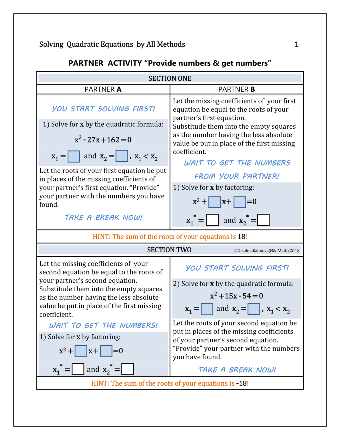 Solving Quadratic Equations by All Methods - Partner Activity - Teacher ...