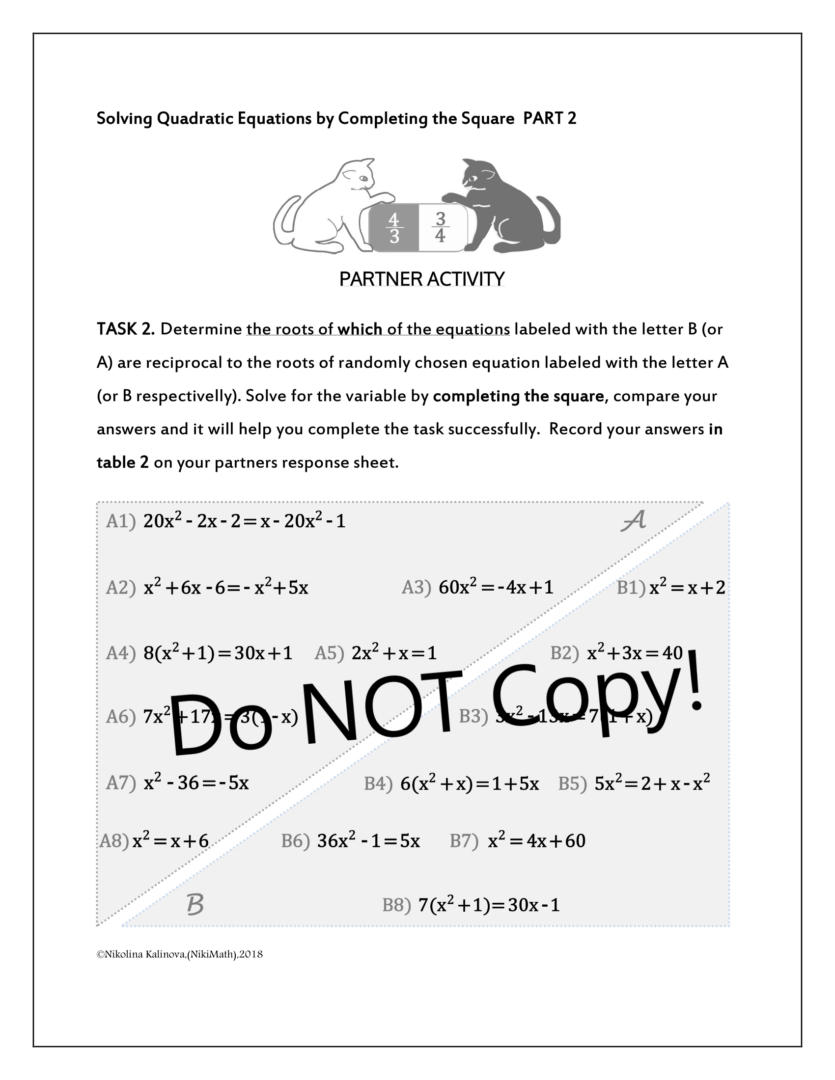 Solving Quadratics by Completing the Square - Partner Activity ...