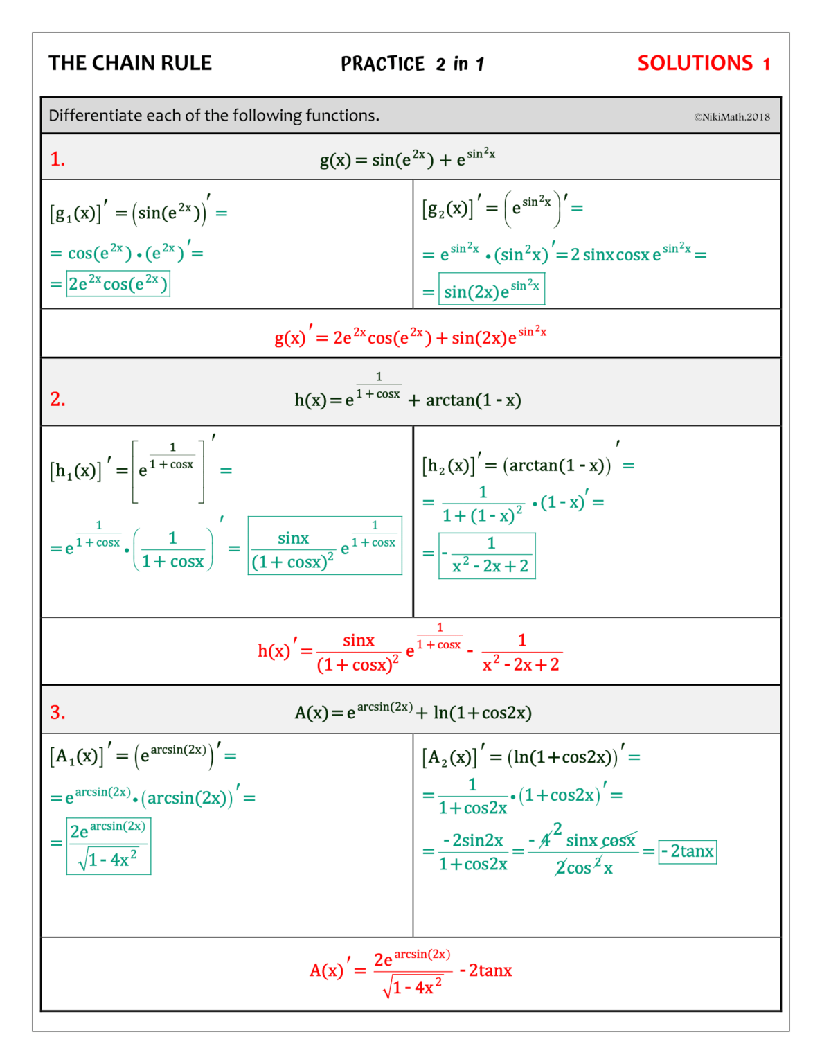 The Chain Rule - Practice 2 in 1 or Partner Activity (typed solutions ...