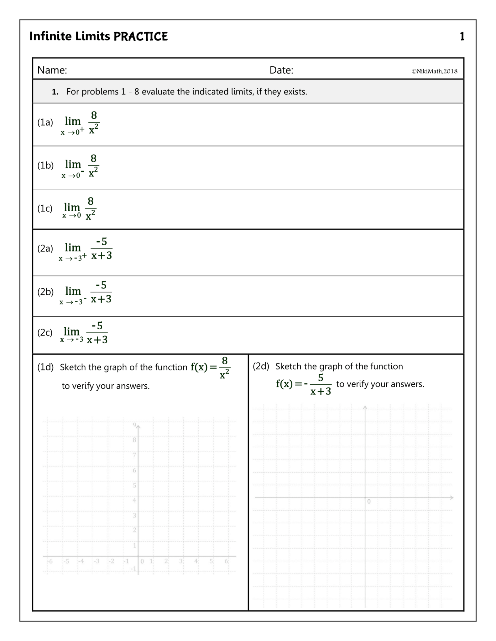 Limit Handwrite Infinite Limits - Practice ( 24 limits, 8 graphs) - Teacher ...