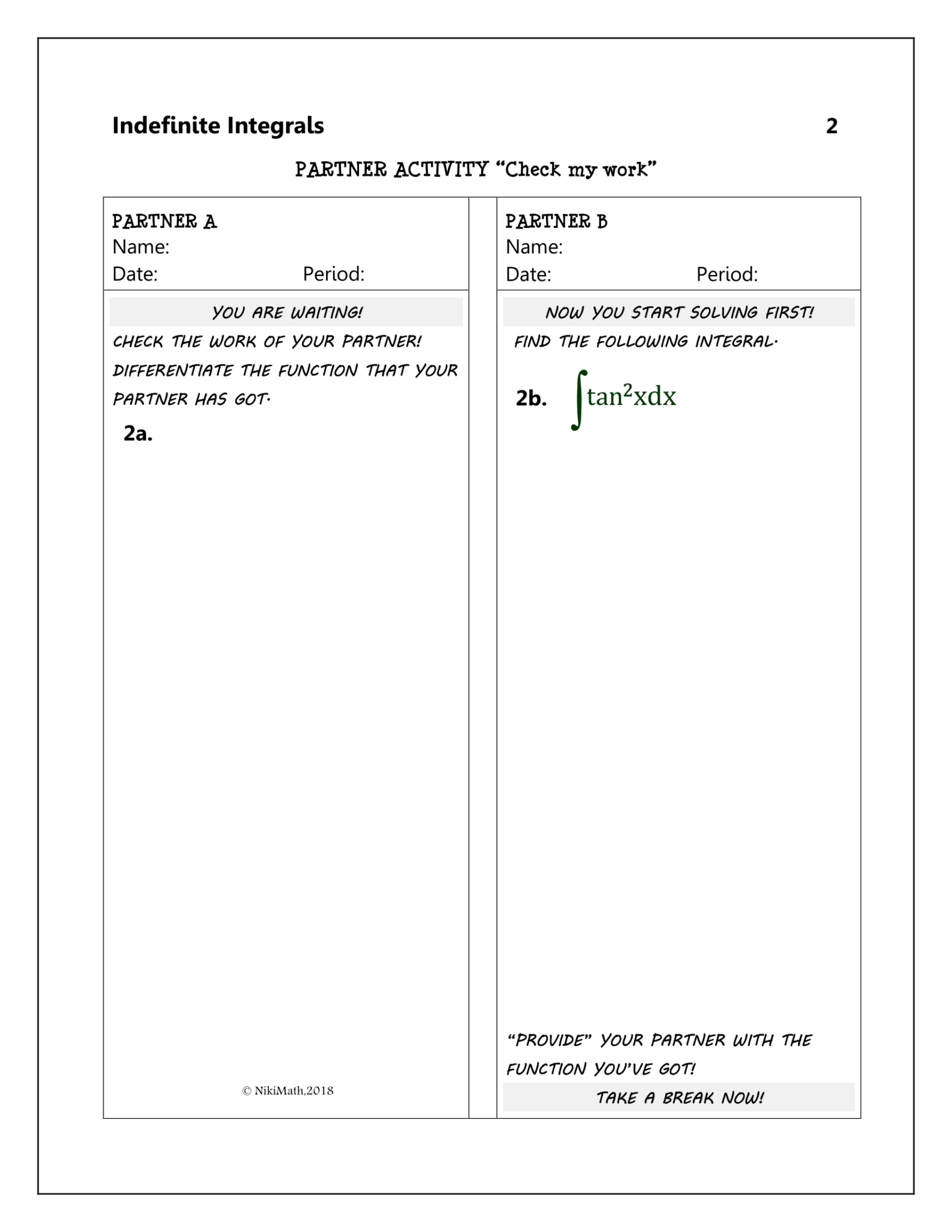 Indefinite Integrals - Partner Activity "Check My Work" (solutions ...