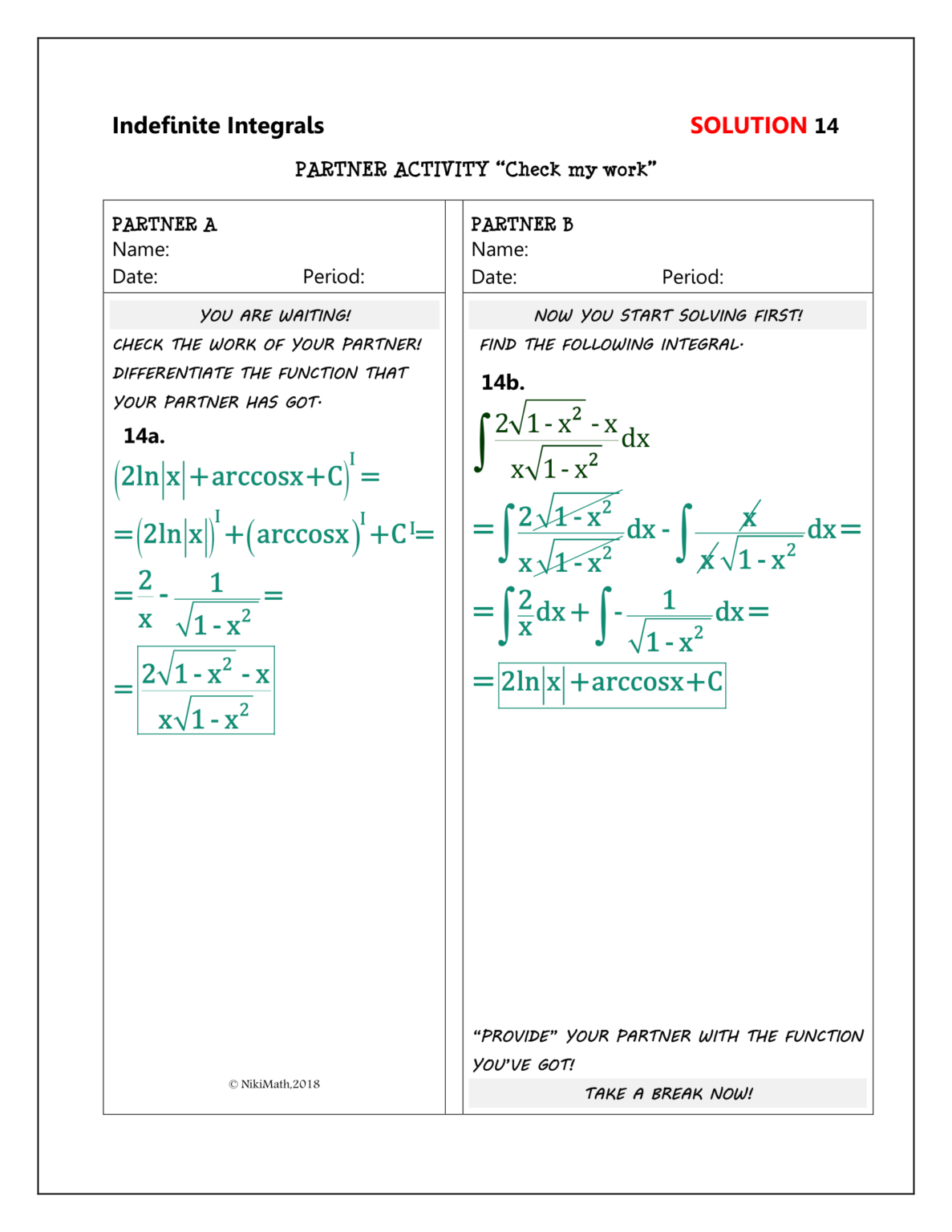 Indefinite Integrals - Partner Activity "Check My Work" (solutions ...