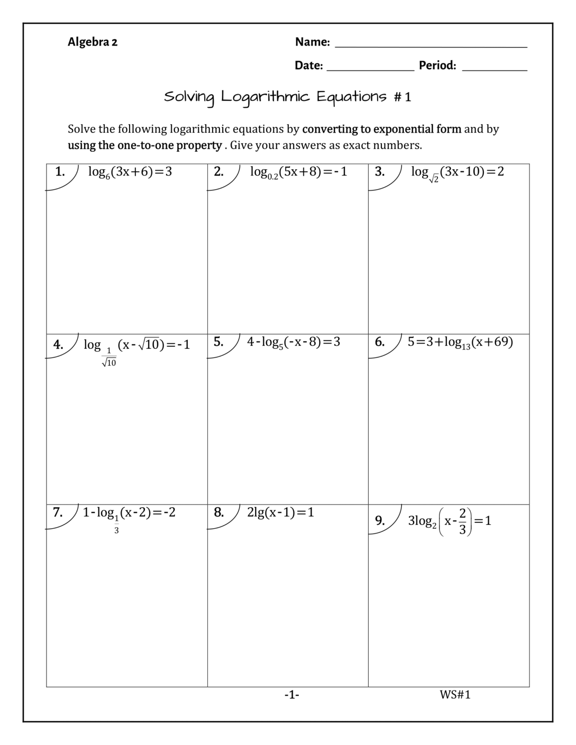 Logarithmic Math Problems Solving Logarithmic Equations - WKSTs ( 73 problems of various type ...