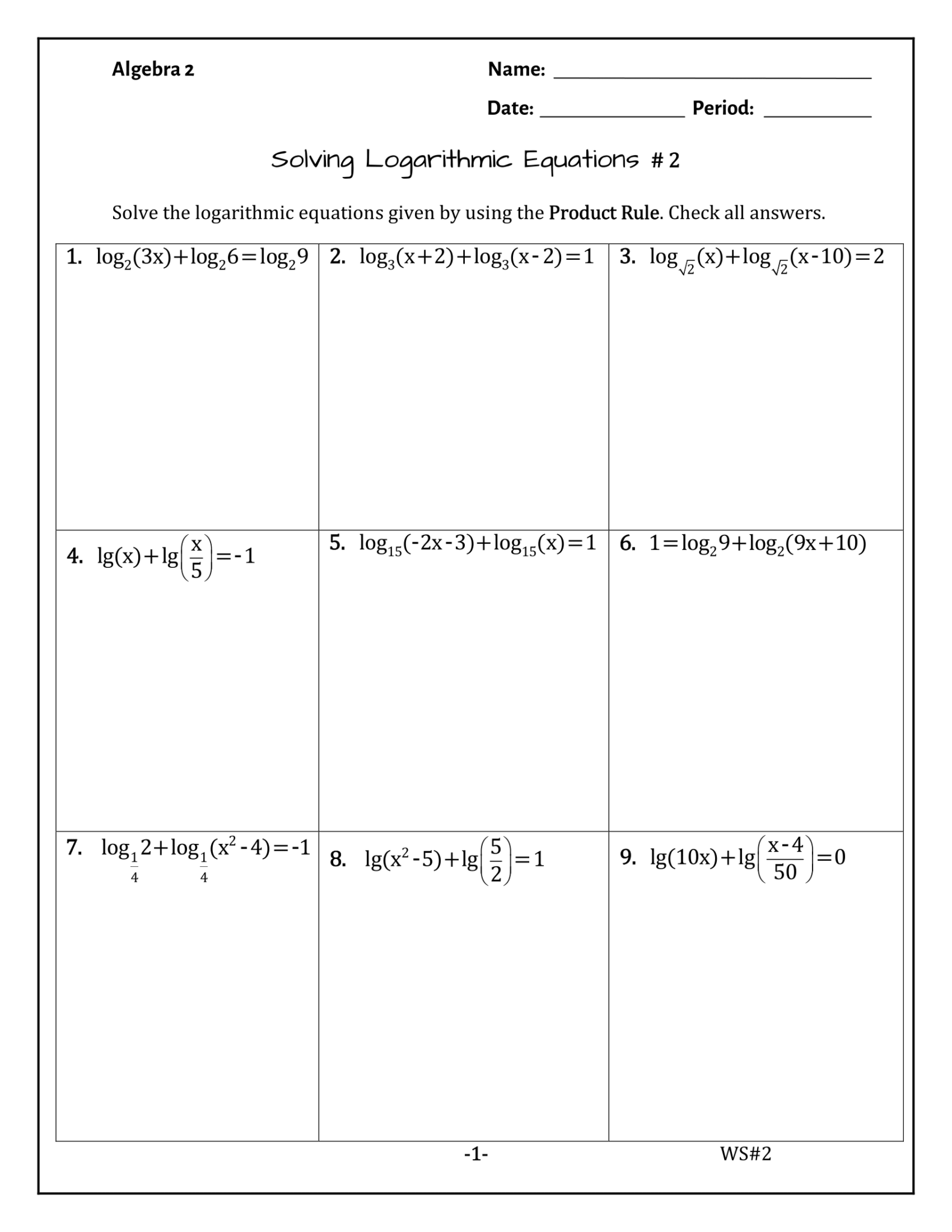 Math Wksts Solving Logarithmic Equations - WKSTs ( 73 problems of various type ...