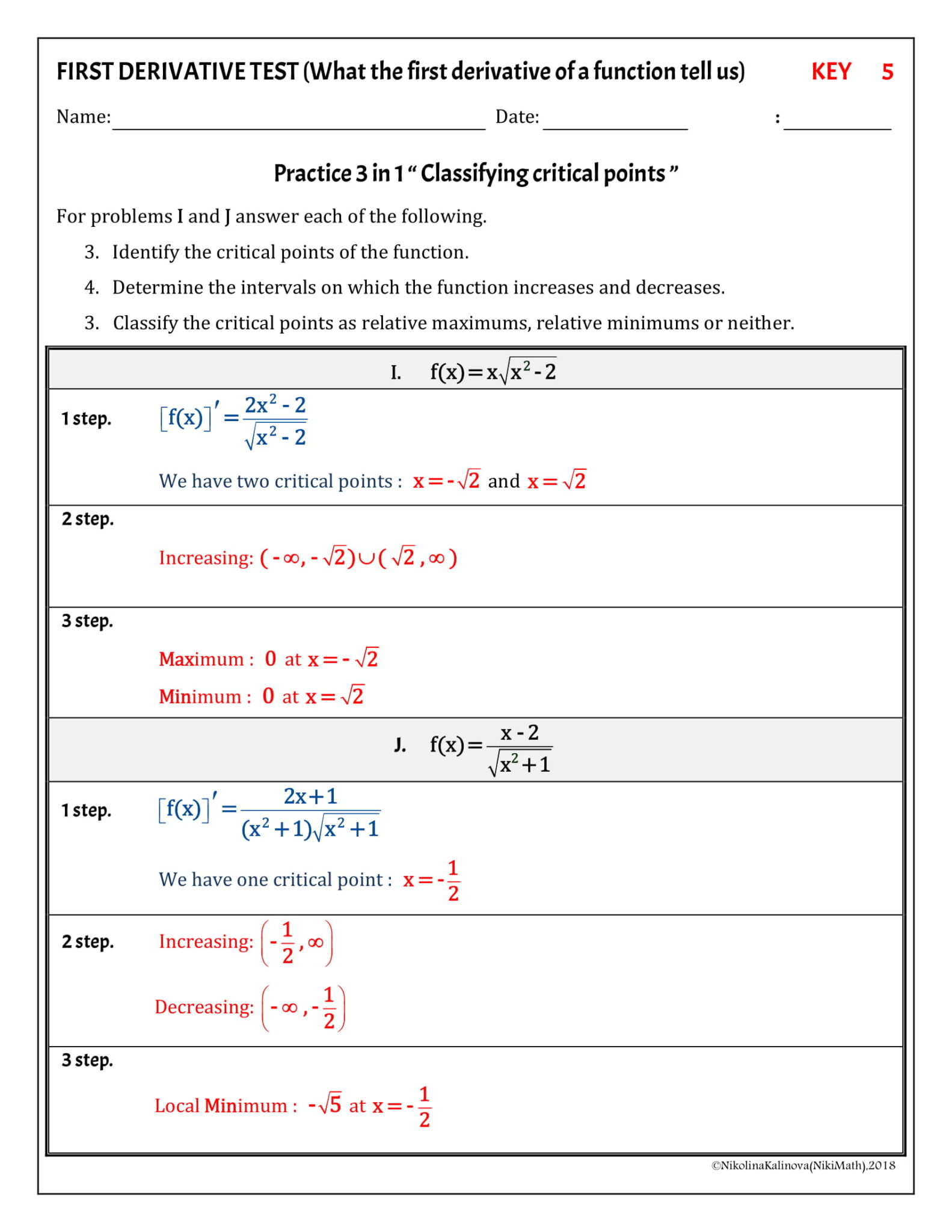 First Derivative Test - Practice 3 in 1 ( 20 problems) - Teacher ...